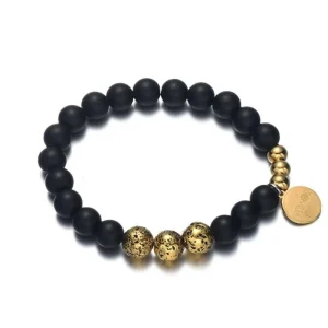 Bracelet Perles Noires Hommes Pierres Dorées