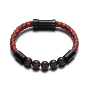 Bracelet Homme Perles Et Cuir Tressé Rouge