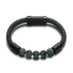 Bracelet Homme Perles Cuir Tressé Noir