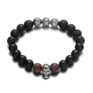 Bracelet Homme Perle Noire Tête De Mort